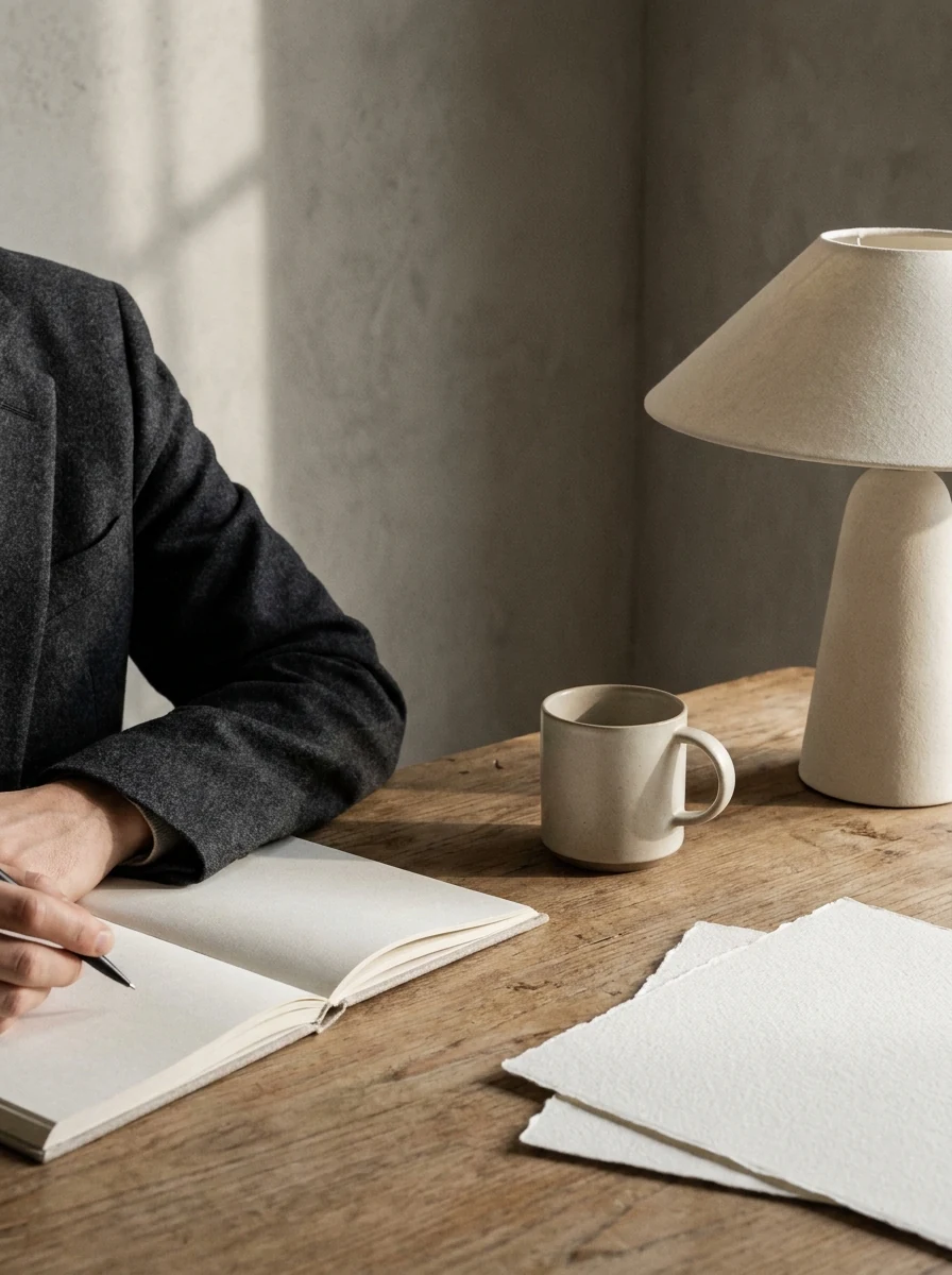 Warm-neutral workspace detail with a cropped, non-identifying human presence