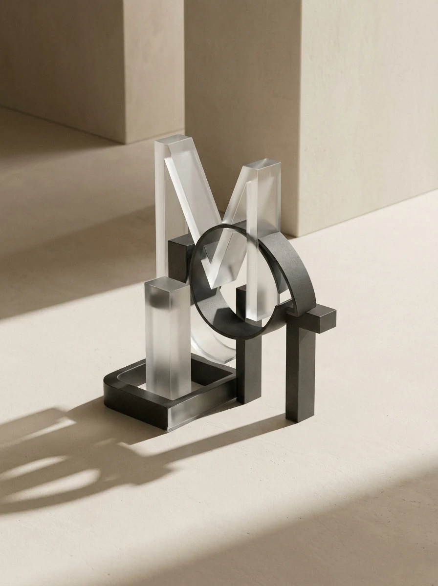 Warm-neutral three-dimensional typographic study with translucent graphite geometry