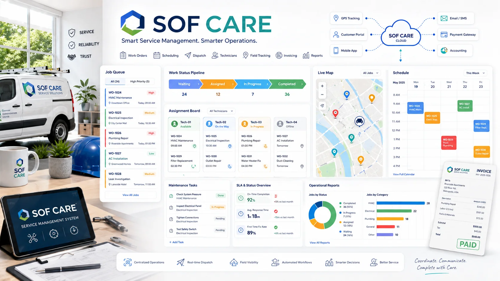 SOF CARE field service cover showing job scheduling, technician assignment and service workflow.