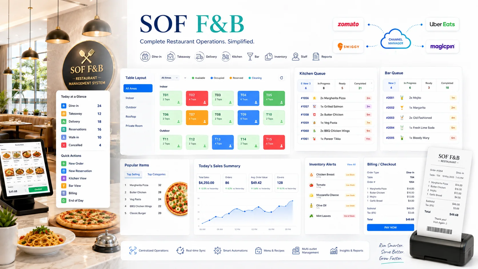 SOF F&B restaurant operations cover showing tables, ordering, kitchen flow and checkout.