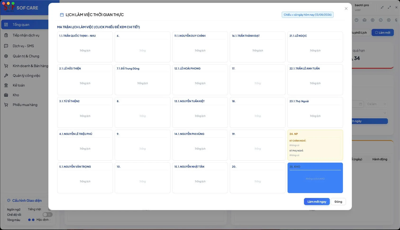 SOF CARE real-time work schedule calendar for assigning technicians and tracking service work by time slot.