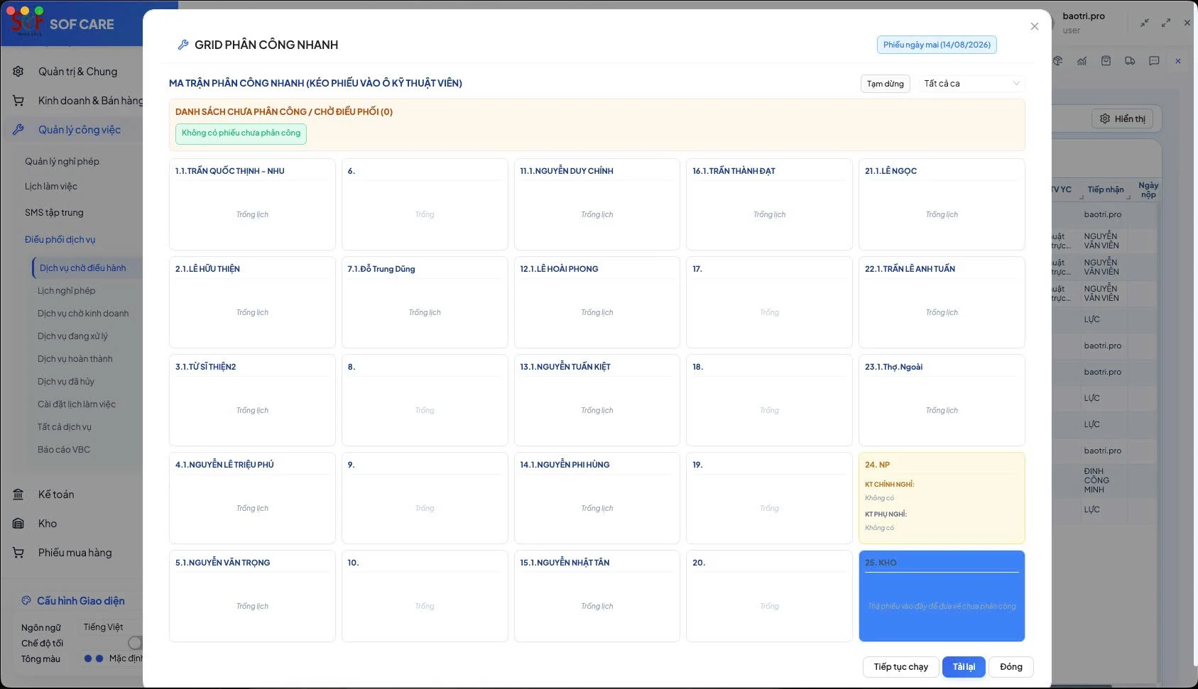 SOF CARE quick assignment grid for selecting available technicians and assigning service work in real time.