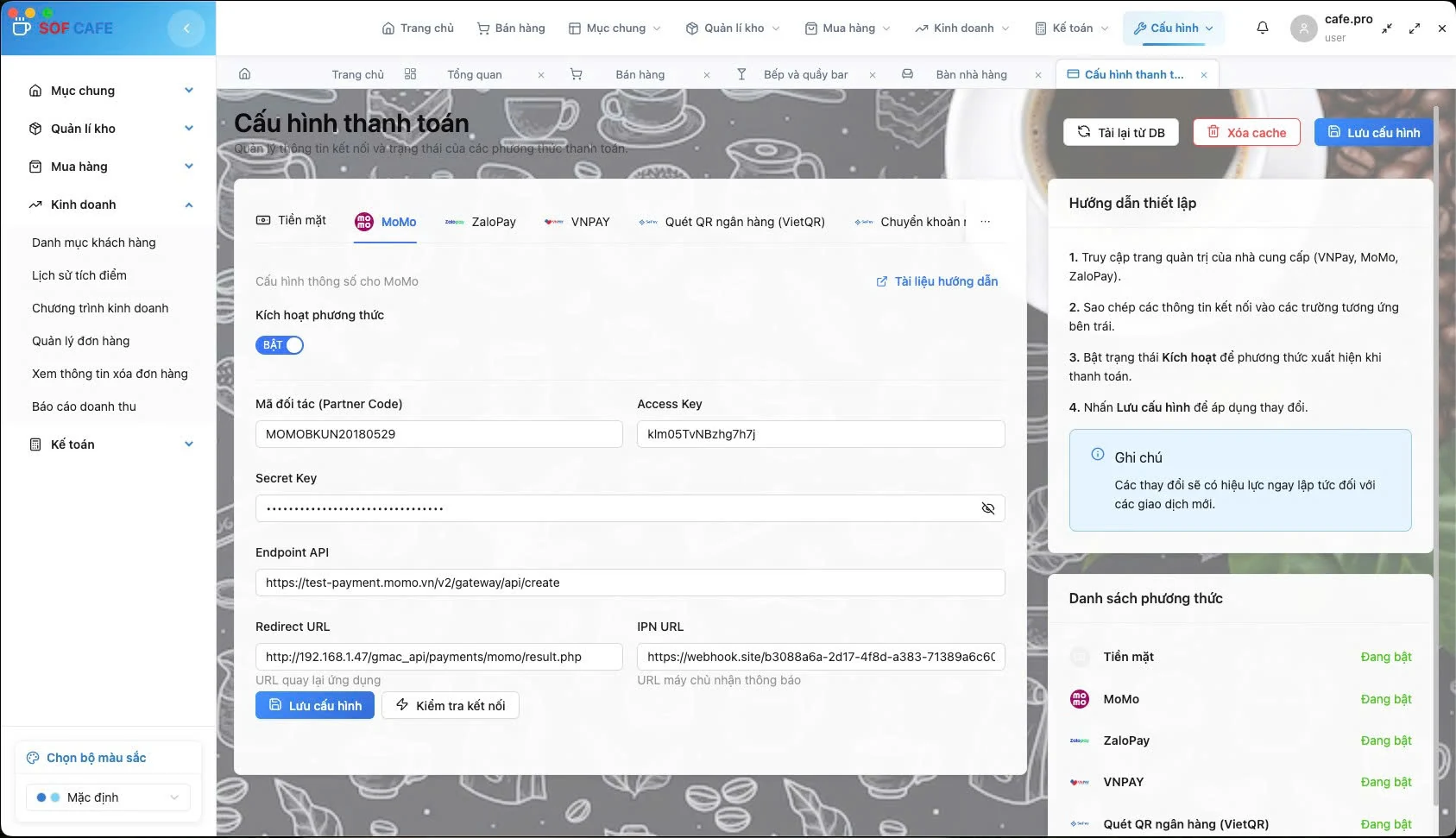 F&B payment configuration screen for MoMo, ZaloPay, VNPAY, VietQR, bank transfer, and payment credentials.