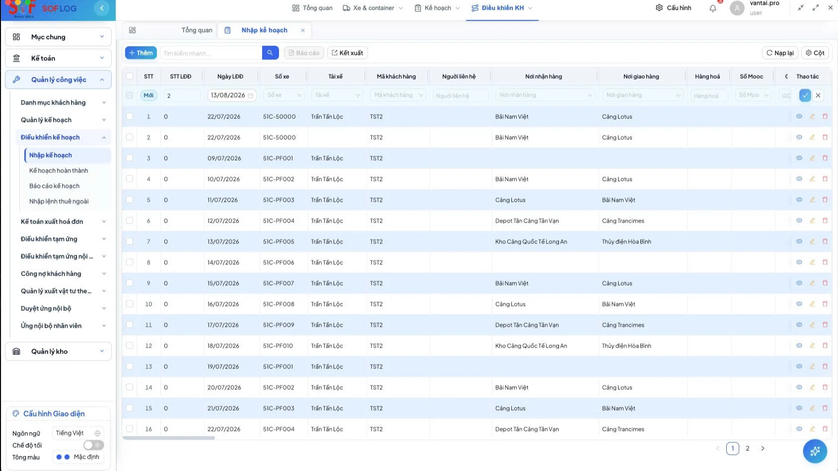 SOF LOG transport planning screen listing dispatch dates, vehicles, drivers, customers, and routes