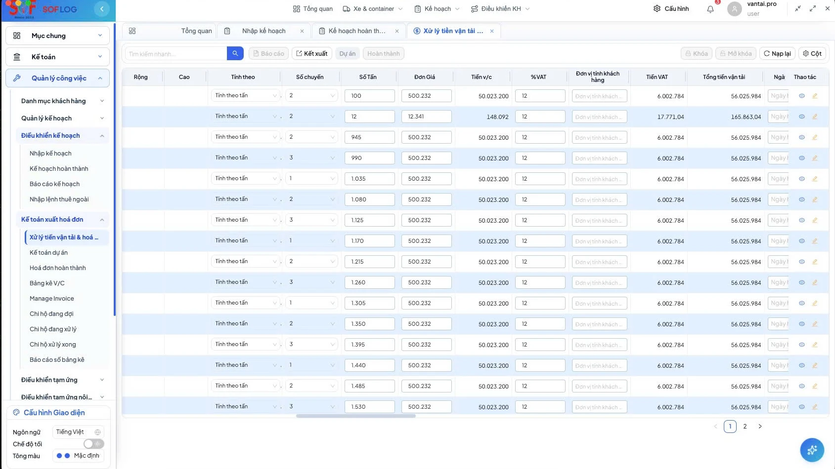 SOF LOG transport charge processing screen with trip quantities, rates, VAT, and freight totals