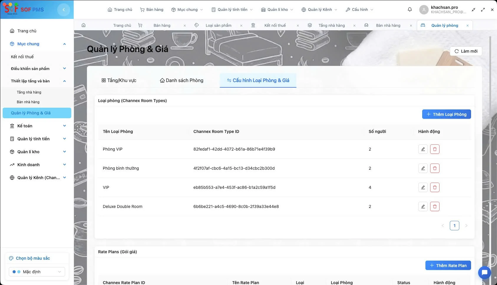 SOF PMS room and rate management screen listing room types, occupancy settings, and rate plan configuration.