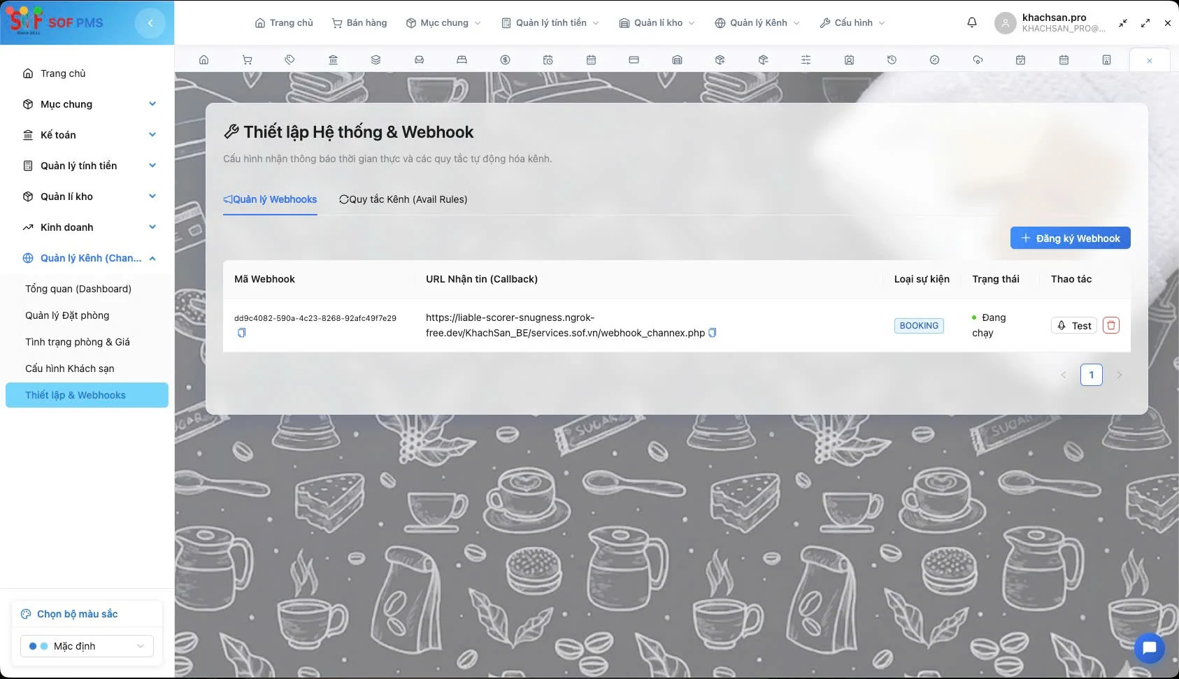SOF PMS webhook configuration screen for callback URLs, event types, connection status, and integration testing.