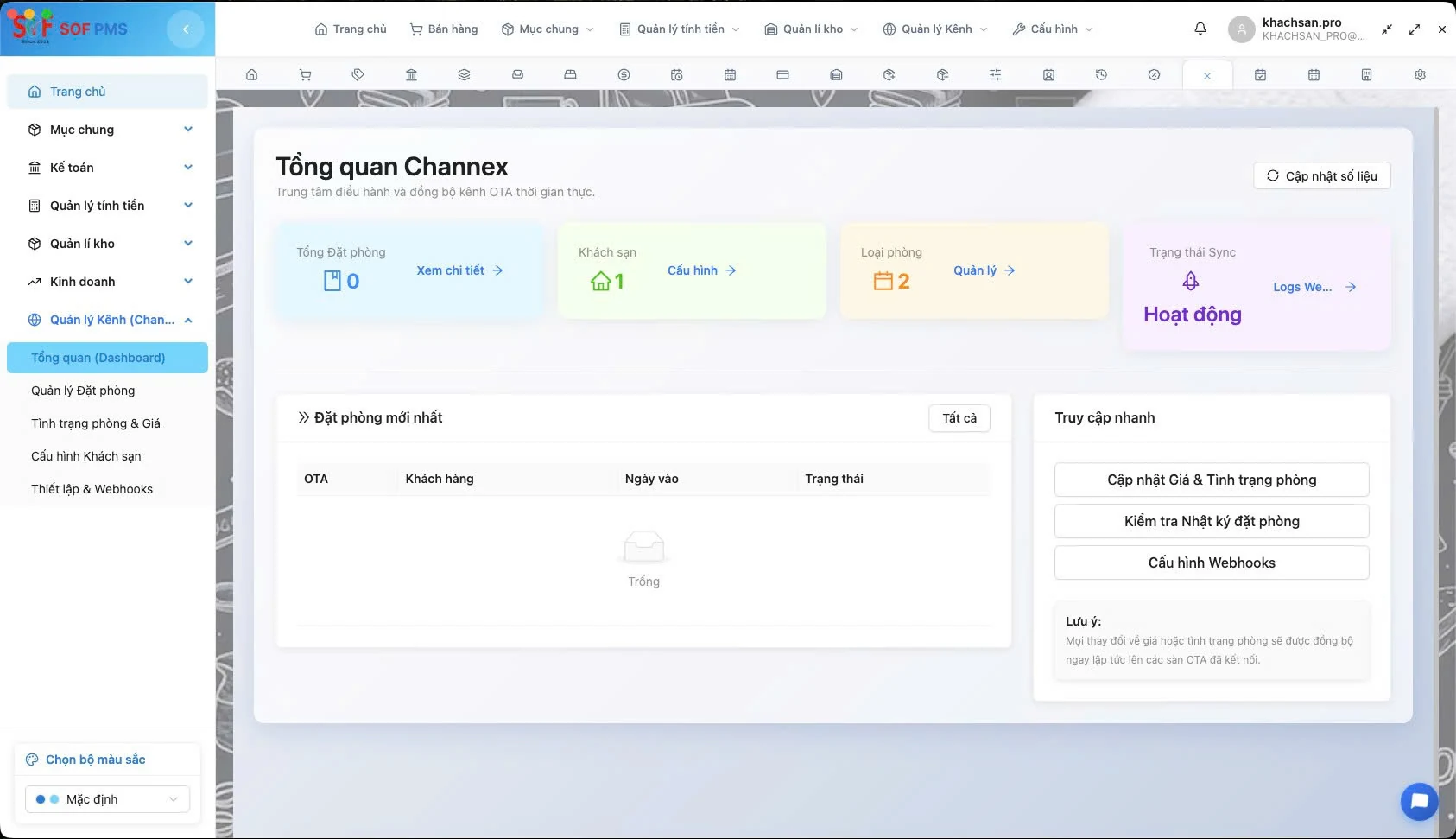SOF PMS Channex overview dashboard showing room totals, channel connectivity, sync status, recent updates, and quick actions.