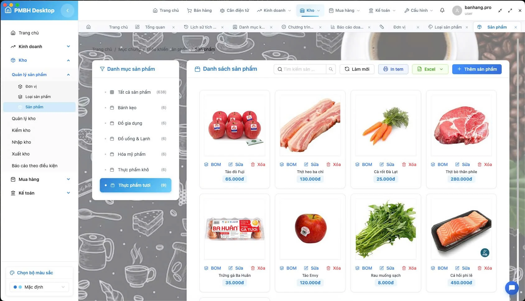 POS product catalog showing product categories, item images, pricing, product management actions, and search controls.