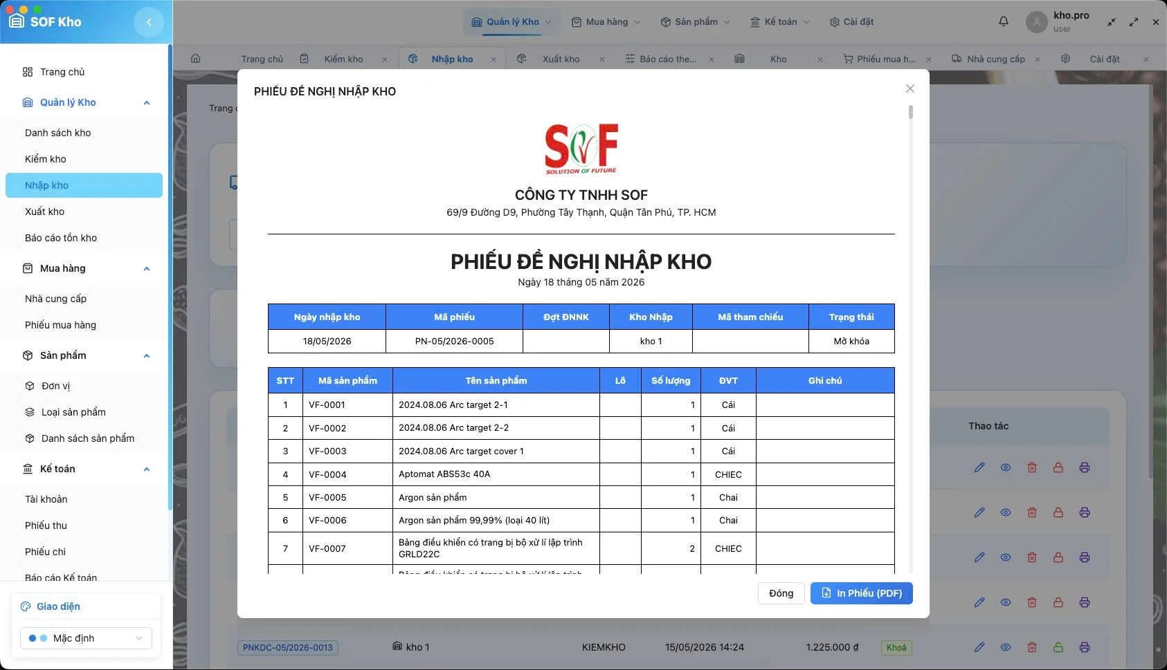 SOF Kho warehouse receipt request showing inbound product lines, quantities, units, source warehouse, and approval status.