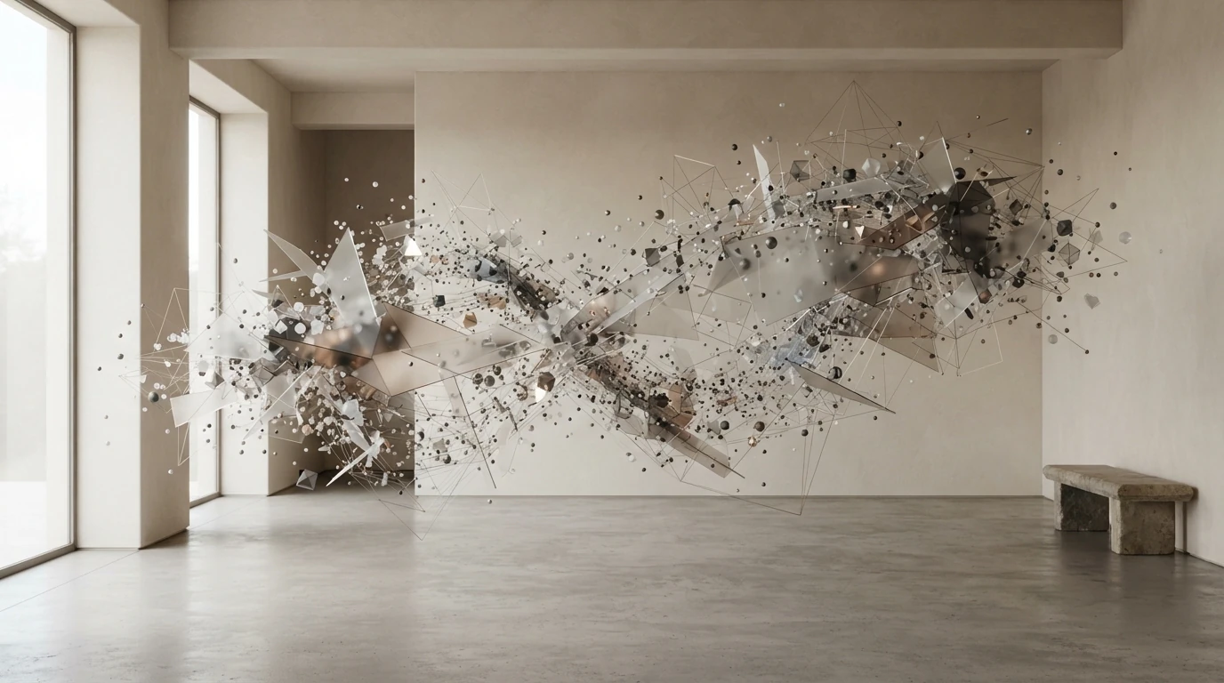 Warm neutral architectural experiment with floating graphite fragments and spatial particles